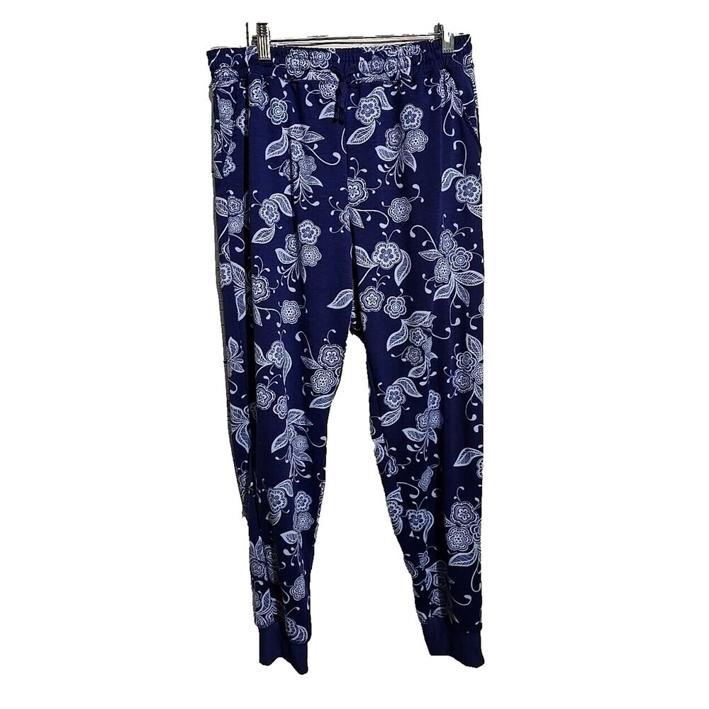 LuLaRoe Blue Floral Print High Rise Athleisure Jogger Pants Womans Size Large